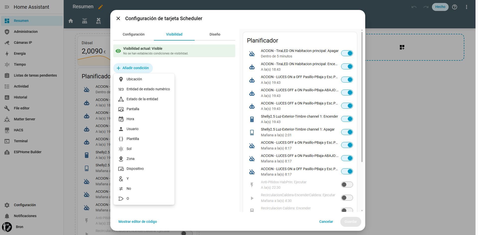 Interfaz de configuración de tarjeta selector en el panel de control de Home Assistant con lista de entidades y planificador.