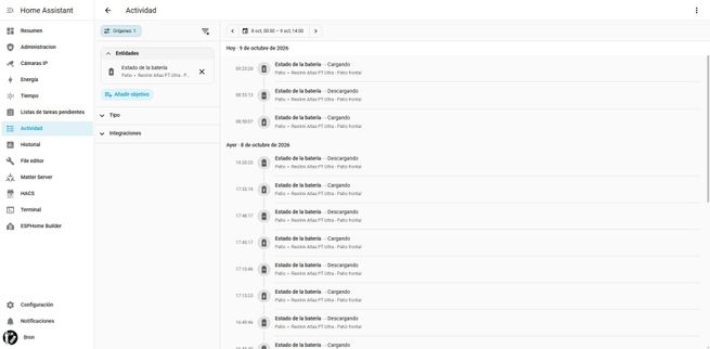 Listado de actividad en la interfaz de Home Assistant detallando estados de carga y descarga de una cámara Reolink.