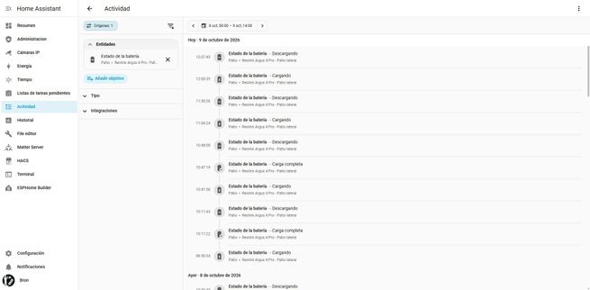 Panel de actividad en Home Assistant mostrando el registro de eventos de una cámara Reolink.