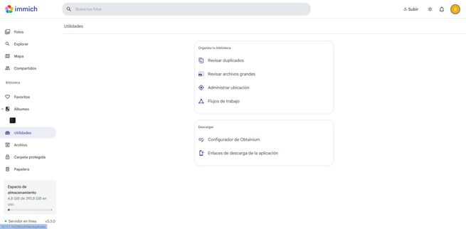 Panel de utilidades en la interfaz de usuario de Immich con opciones de limpieza de biblioteca y avanzado.