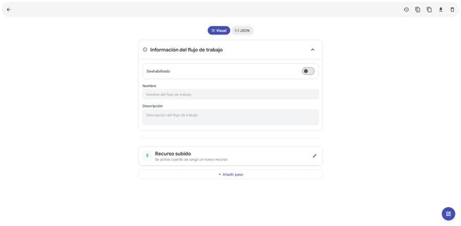 Interfaz de configuración de flujo de trabajo en Immich con campos para nombre y descripción.