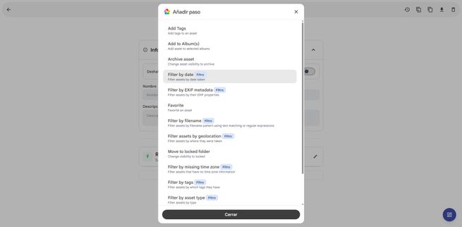 Listado de tareas disponibles en la ventana emergente Add step del panel de administración de Immich.