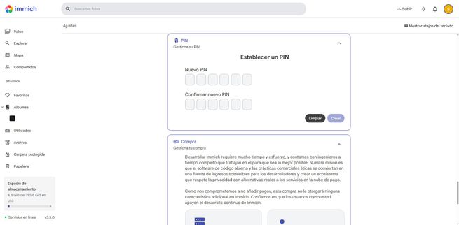 Formulario de creación de PIN de seguridad en la aplicación Immich.