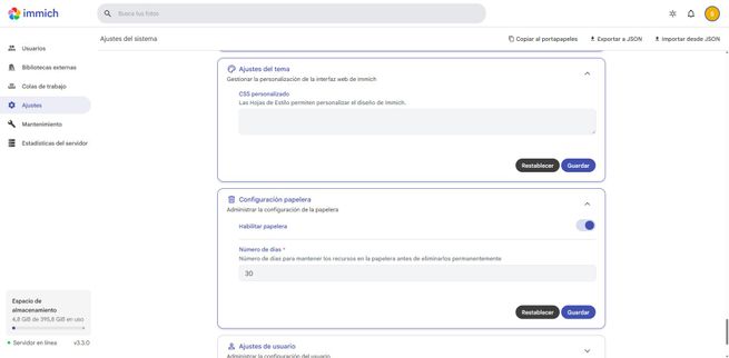 Menú de configuración del tema y visualización en la interfaz de usuario de Immich.