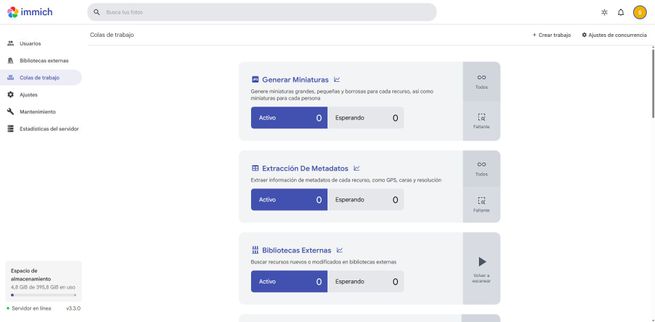 Sección de Colas de trabajo en la interfaz de Immich con opciones para generar miniaturas y extraer metadatos.