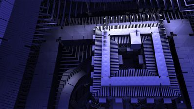 Primer plano de la arquitectura interna de un procesador para PC cuántico con iluminación en tonos azules y sombras profundas.