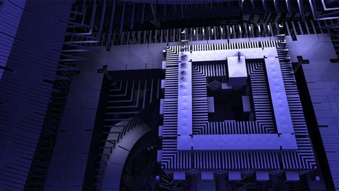 Primer plano de la arquitectura interna de un procesador para PC cuántico con iluminación en tonos azules y sombras profundas.