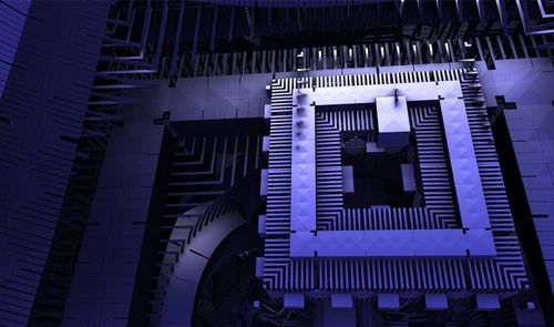 Primer plano de la arquitectura interna de un procesador para PC cuántico con iluminación en tonos azules y sombras profundas.