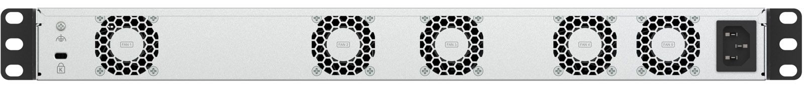 Panel posterior del switch gestionable QNAP QSW-M7230P-2X4F24T mostrando los ventiladores de refrigeración y la toma de corriente.