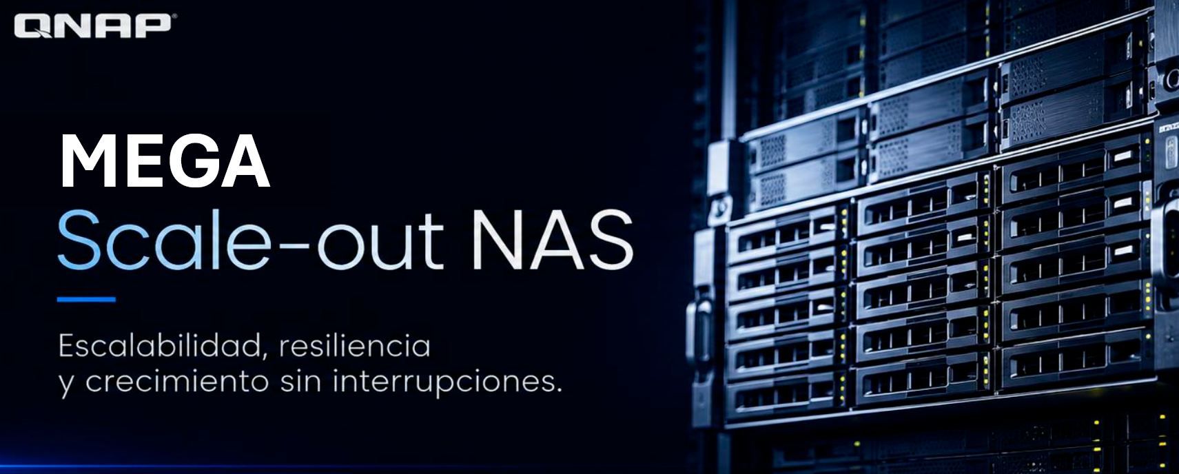 Servidores en rack de QNAP con el texto MEGA Scale-out NAS sobre fondo oscuro.