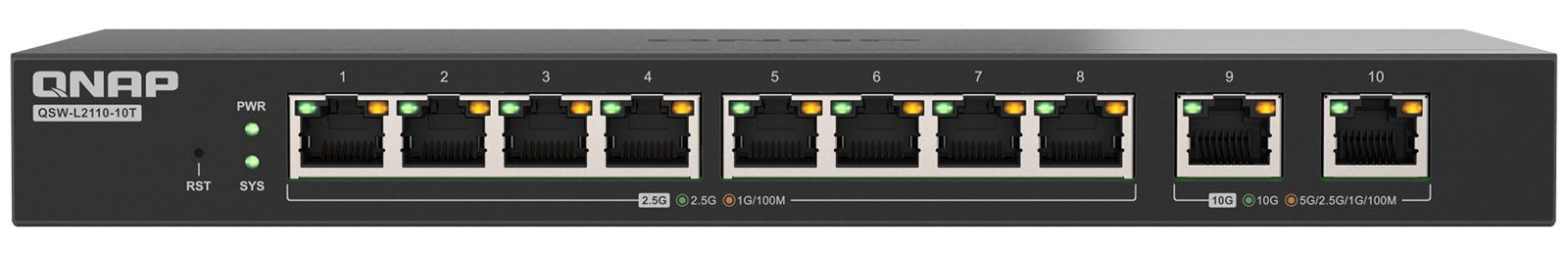 Panel frontal del switch QNAP QSW-L2110 con puertos RJ45 numerados e indicadores LED sobre chasis negro.
