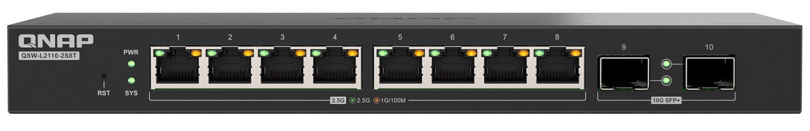 Panel frontal del switch gestionable QNAP QSW-L2110-2S8T con ocho puertos RJ45 y dos ranuras SFP+.
