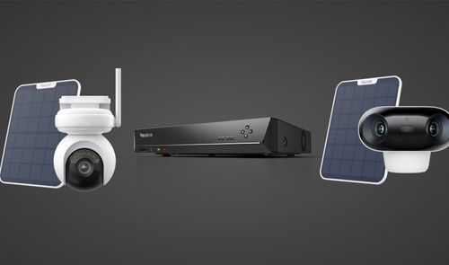 Conjunto de dispositivos de seguridad Reolink con cámaras inalámbricas, paneles solares y grabador de vídeo en red.
