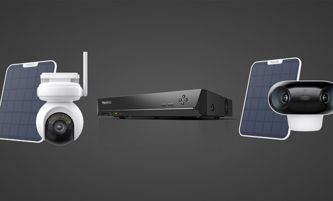 Conjunto de dispositivos de seguridad Reolink con cámaras inalámbricas, paneles solares y grabador de vídeo en red.