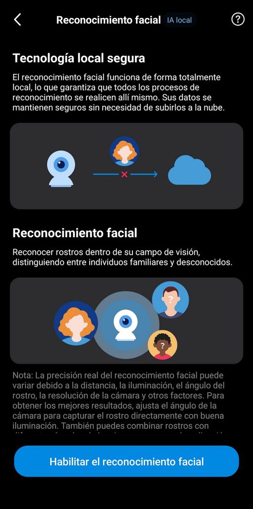 Menú de configuración del reconocimiento facial por IA local en la aplicación móvil de la cámara C665G.