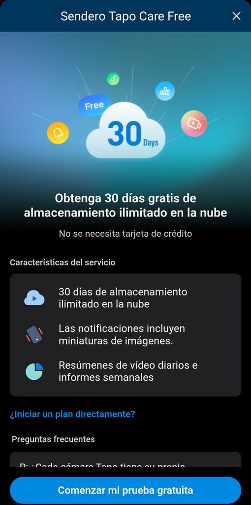 Pantalla de promoción de la prueba gratuita de Tapo Care para la cámara C665G en la aplicación móvil.
