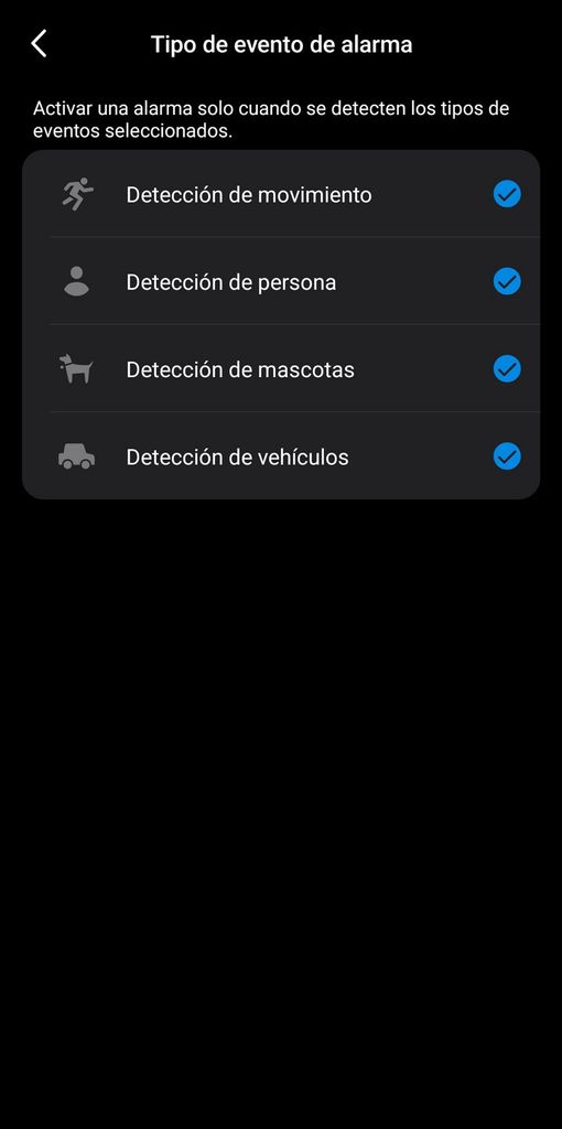 Interfaz de selección de eventos de alarma para movimiento, personas, mascotas y vehículos en la cámara C665G.