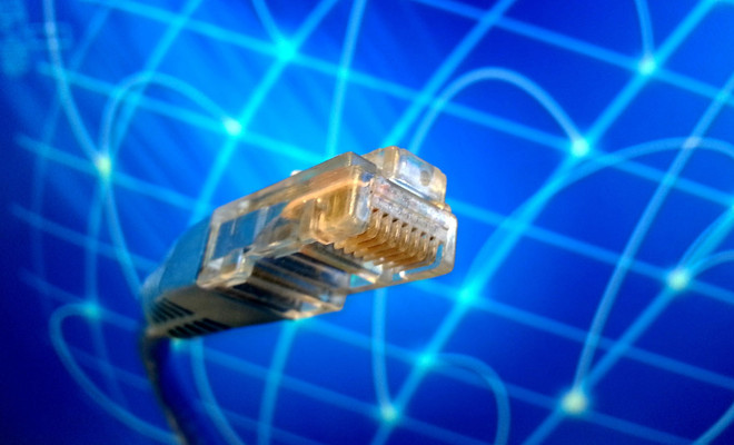 Primer plano de un conector de cable Ethernet RJ45 con fondo digital azul.