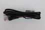 Cable Ethernet negro enrollado con conectores RJ45 y etiqueta de código de barras sobre un fondo claro.