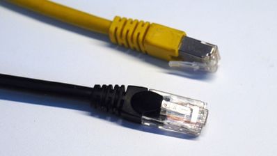 Primer plano de conectores RJ45 de dos cables Ethernet en color amarillo y negro sobre fondo blanco.