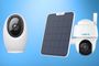 Cámaras de seguridad Reolink para interior y exterior con panel solar sobre fondo azul.