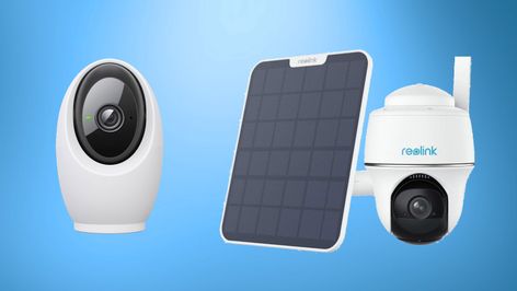 Cámaras de seguridad Reolink para interior y exterior con panel solar sobre fondo azul.