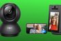 Cámara de seguridad Tapo junto a un monitor inteligente y un teléfono móvil mostrando una videollamada en resolución 2K sobre fondo verde.
