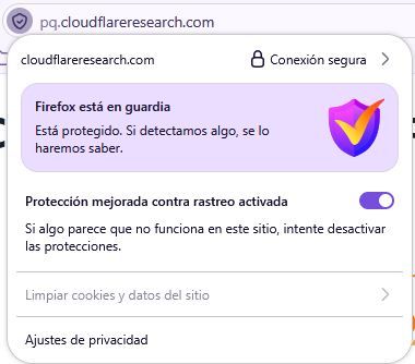 Interfaz de Firefox mostrando la protección de seguridad en el dominio pq.cloudflareresearch.com.