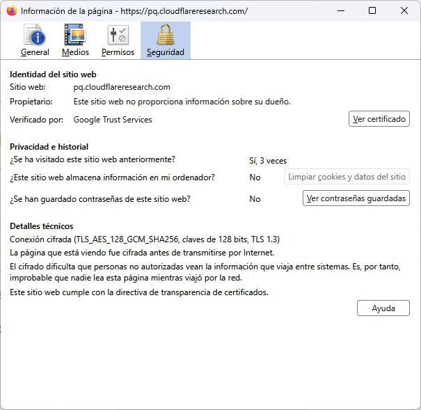 Ventana de información de seguridad del navegador para el dominio pq.cloudflareresearch.com con detalles del cifrado TLS.