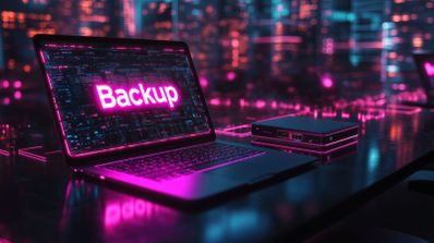 Ordenador portátil con la palabra Backup en pantalla junto a una unidad de almacenamiento externa en un entorno digital nocturno.