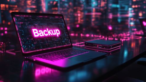 Ordenador portátil con la palabra Backup en pantalla junto a una unidad de almacenamiento externa en un entorno digital nocturno.