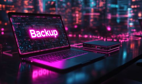 Ordenador portátil con la palabra Backup en pantalla junto a una unidad de almacenamiento externa en un entorno digital nocturno.
