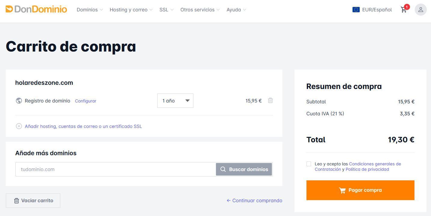 Interfaz del carrito de compra en DonDominio mostrando el desglose de precios para el registro de un dominio .com.