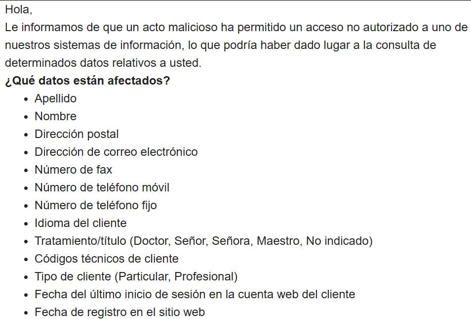 Comunicado oficial informando sobre un acceso no autorizado a sistemas de información y la lista de datos personales afectados.