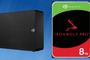Disco duro externo Seagate y unidad interna IronWolf Pro de 8 TB sobre fondo azul.