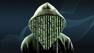 Ilustración de una figura con capucha cuyo rostro está compuesto por líneas de código binario en cascada sobre un fondo oscuro con ondas digitales.