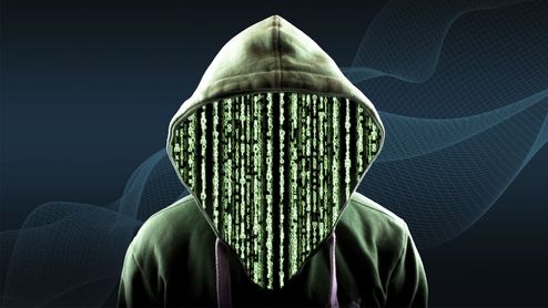 Ilustración de una figura con capucha cuyo rostro está compuesto por líneas de código binario en cascada sobre un fondo oscuro con ondas digitales.