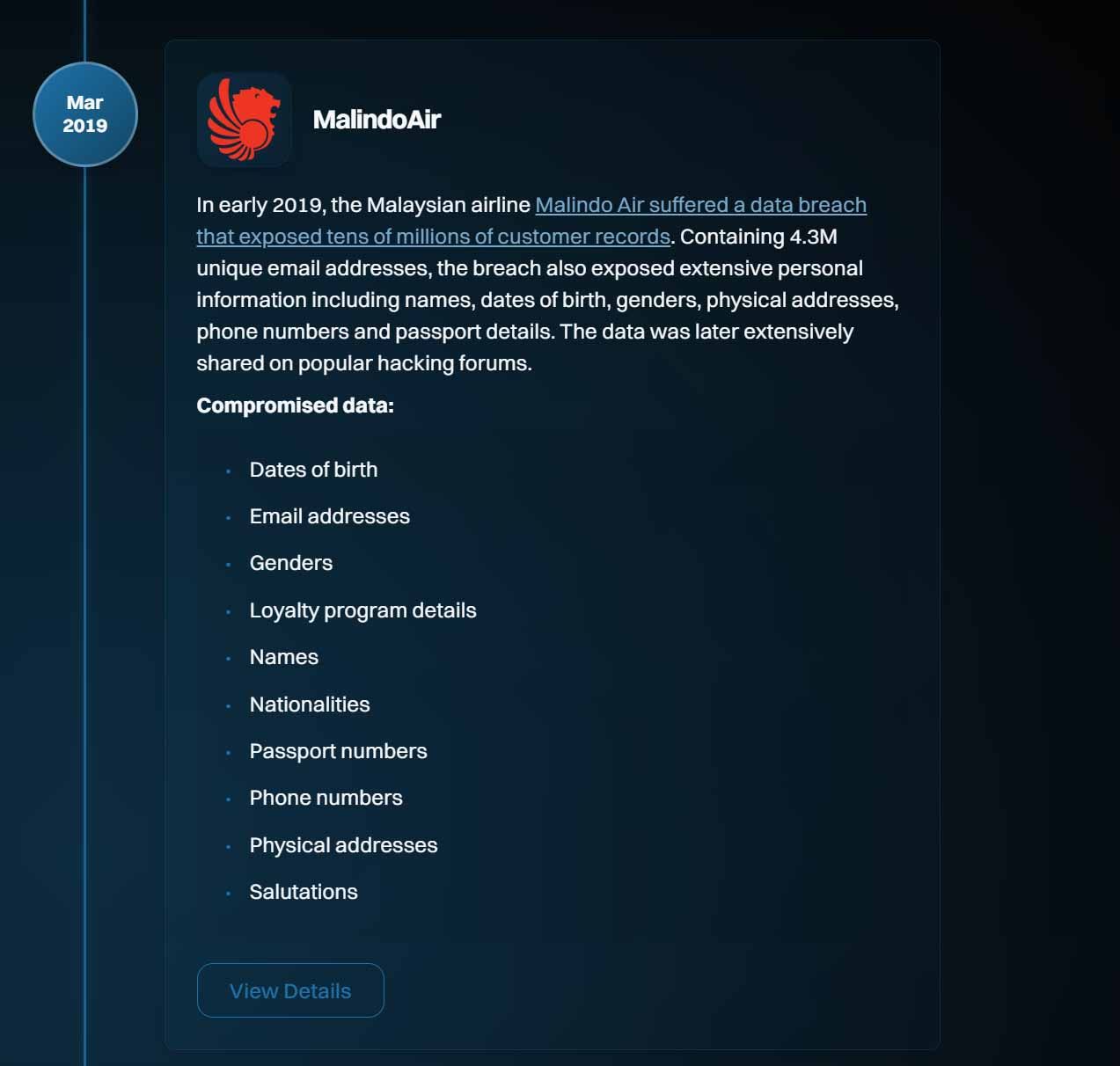 Resumen técnico de una brecha de seguridad en MalindoAir que detalla la exposición de datos personales y de contacto.
