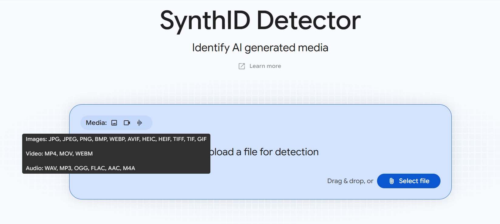 Lista de formatos de imagen, vídeo y audio compatibles con la herramienta SynthID Detector.