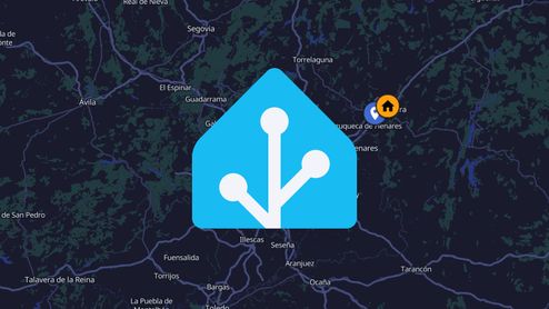 Logotipo de Home Assistant sobre un mapa cartográfico en modo oscuro con indicadores de ubicación.