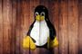 Ilustración de Tux, la mascota de Linux, integrada sobre una superficie de listones de madera.