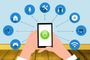 Ilustración de un smartphone con un botón de encendido central rodeado de iconos de servicios inteligentes y domótica.