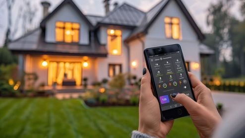 Manos sujetando un teléfono móvil con una aplicación de control domótico frente a una vivienda unifamiliar iluminada al atardecer.