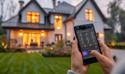 Manos sujetando un teléfono móvil con una aplicación de control domótico frente a una vivienda unifamiliar iluminada al atardecer.