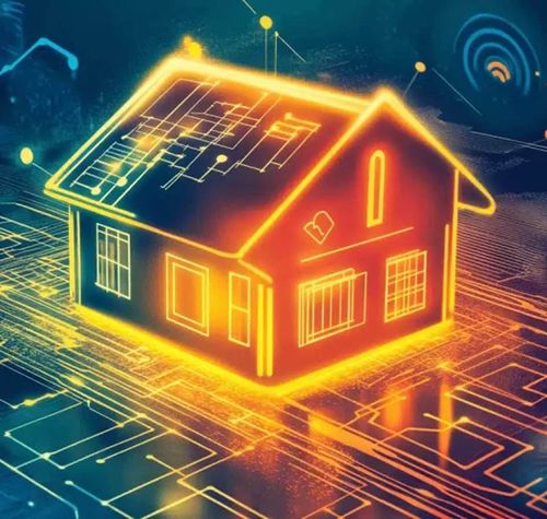 Representación conceptual de una casa inteligente mediante líneas de circuitos brillantes y símbolos de conexión inalámbrica sobre un fondo tecnológico.