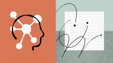 Ilustración conceptual de inteligencia artificial con un perfil humano, nodos de red y trazos abstractos sobre fondo bicolor.