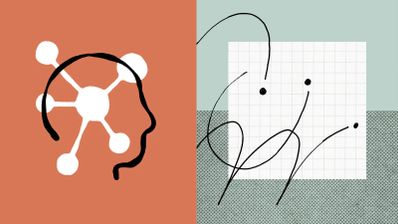 Ilustración conceptual de inteligencia artificial con un perfil humano, nodos de red y trazos abstractos sobre fondo bicolor.