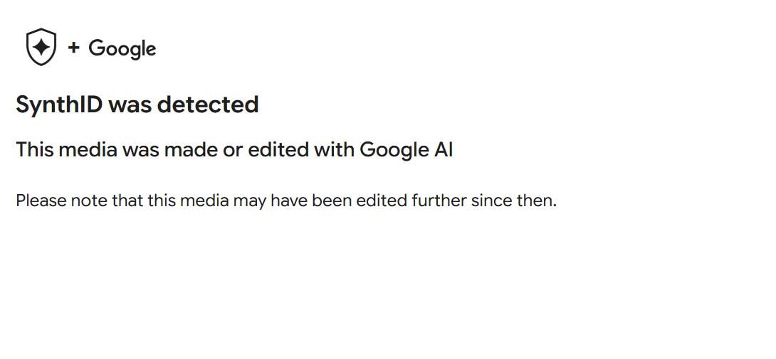 Aviso de detección de SynthID indicando que el archivo ha sido creado o editado con la inteligencia artificial de Google.