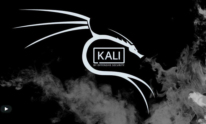 Logotipo de Kali Linux con la silueta de un dragón blanco sobre fondo negro rodeado de humo.