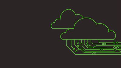 Ilustración de dos nubes lineales verdes conectadas a pistas de un circuito integrado sobre fondo oscuro.